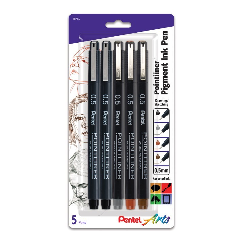 Pentel Arts Pointliner Pen, 0.5mm Tip, Assorted Ink Colors, 5-Pack