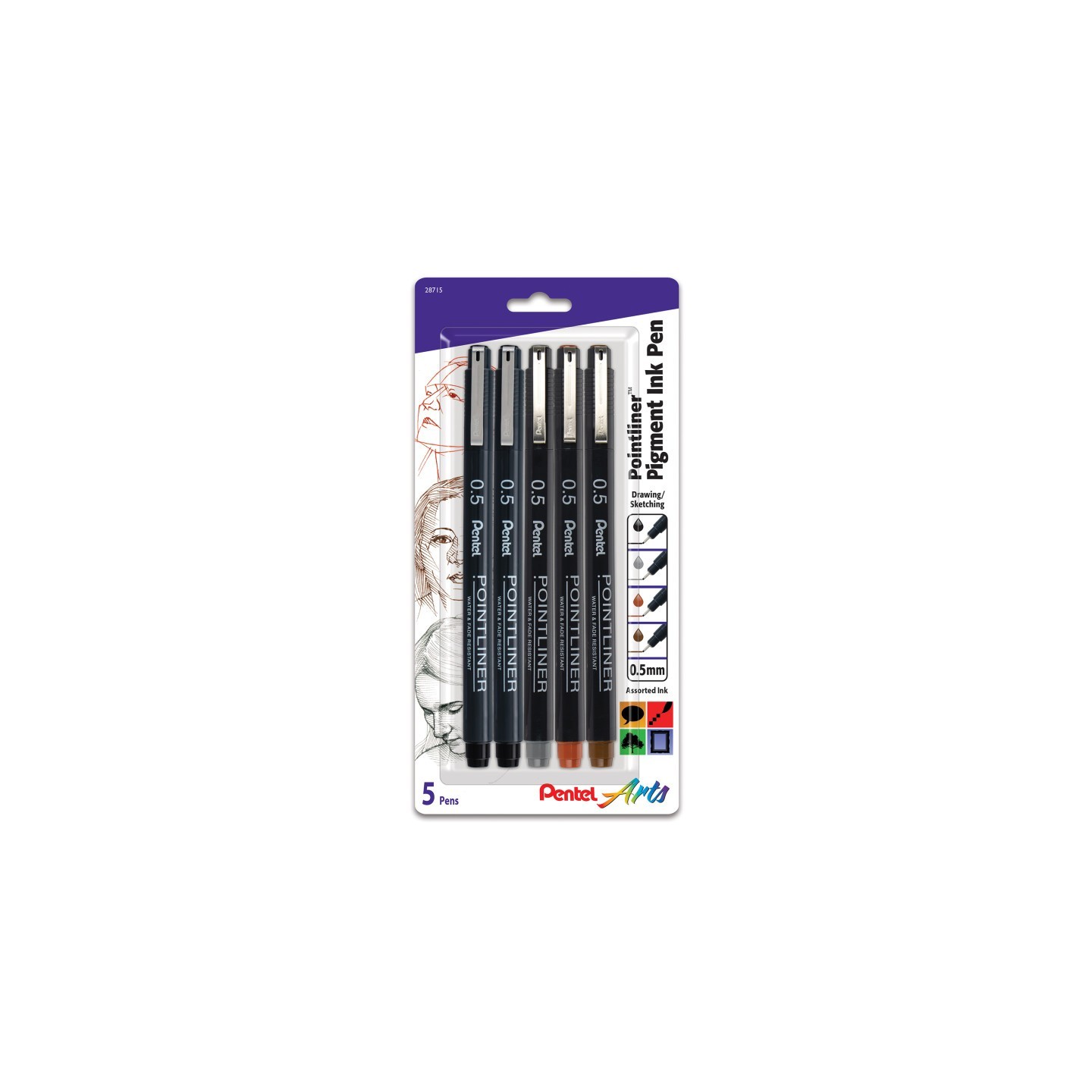 Pentel Arts Pointliner Pen, 0.5mm Tip, Assorted Ink Colors, 5-Pack