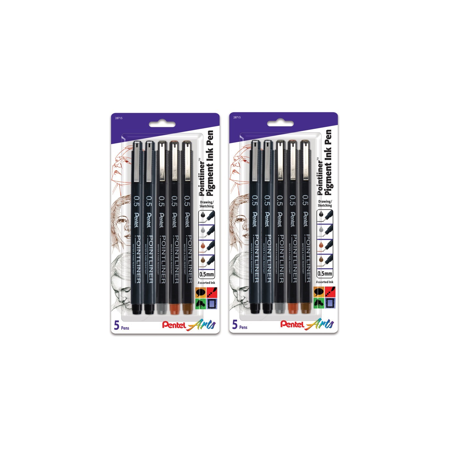 Pentel Arts Pointliner Pen, 0.5mm Tip, Assorted Ink Colors, 5 Per Set, 2 Sets