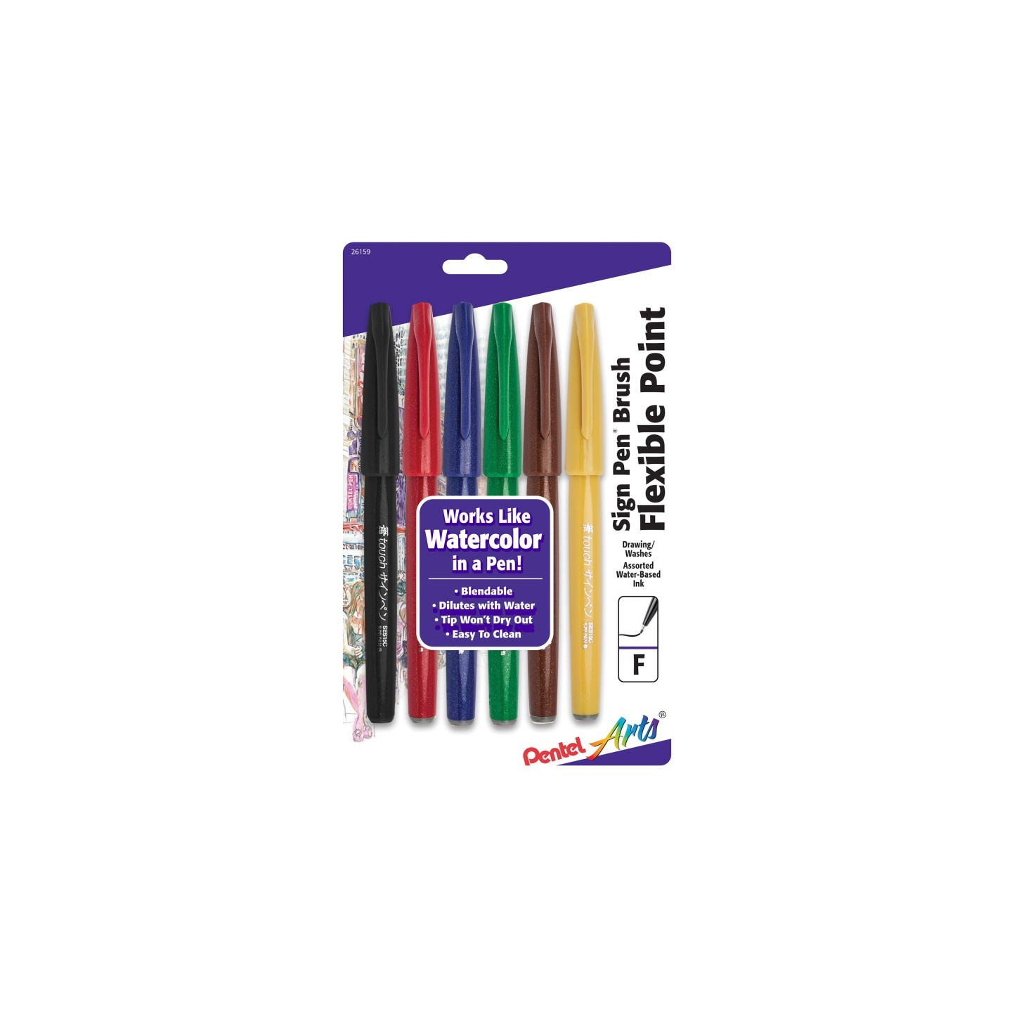 Pentel Arts Sign Pen Brush Tip, Assorted Colors, 6-Pack