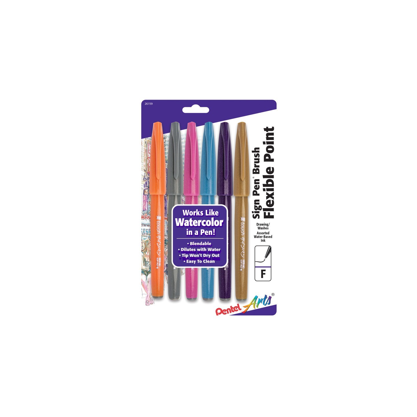 Pentel Arts Sign Pen Brush Tip, Assorted Colors, 6-Pack, Fashion Colors