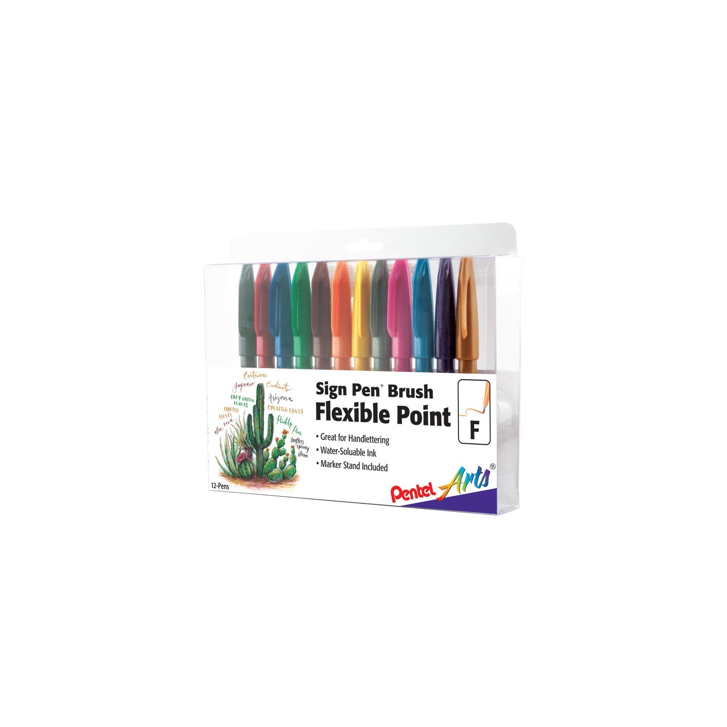 Pentel Arts Sign Pen Brush Tip, Assorted Ink Colors, 12-Pack in Plastic Box