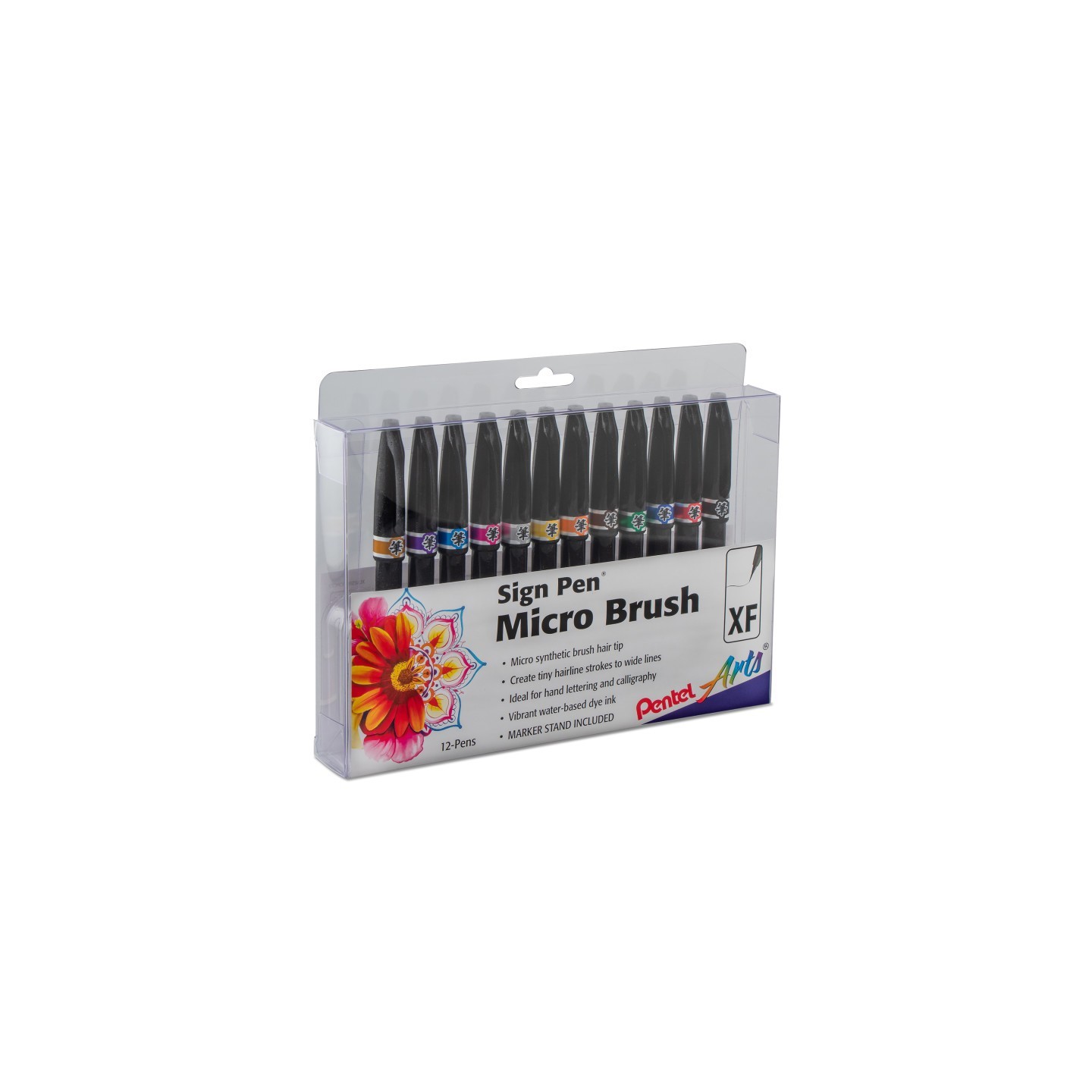Pentel Arts Sign Pen Micro Brush Tip, Assorted Ink Colors, 12-Pack in Plastic Box