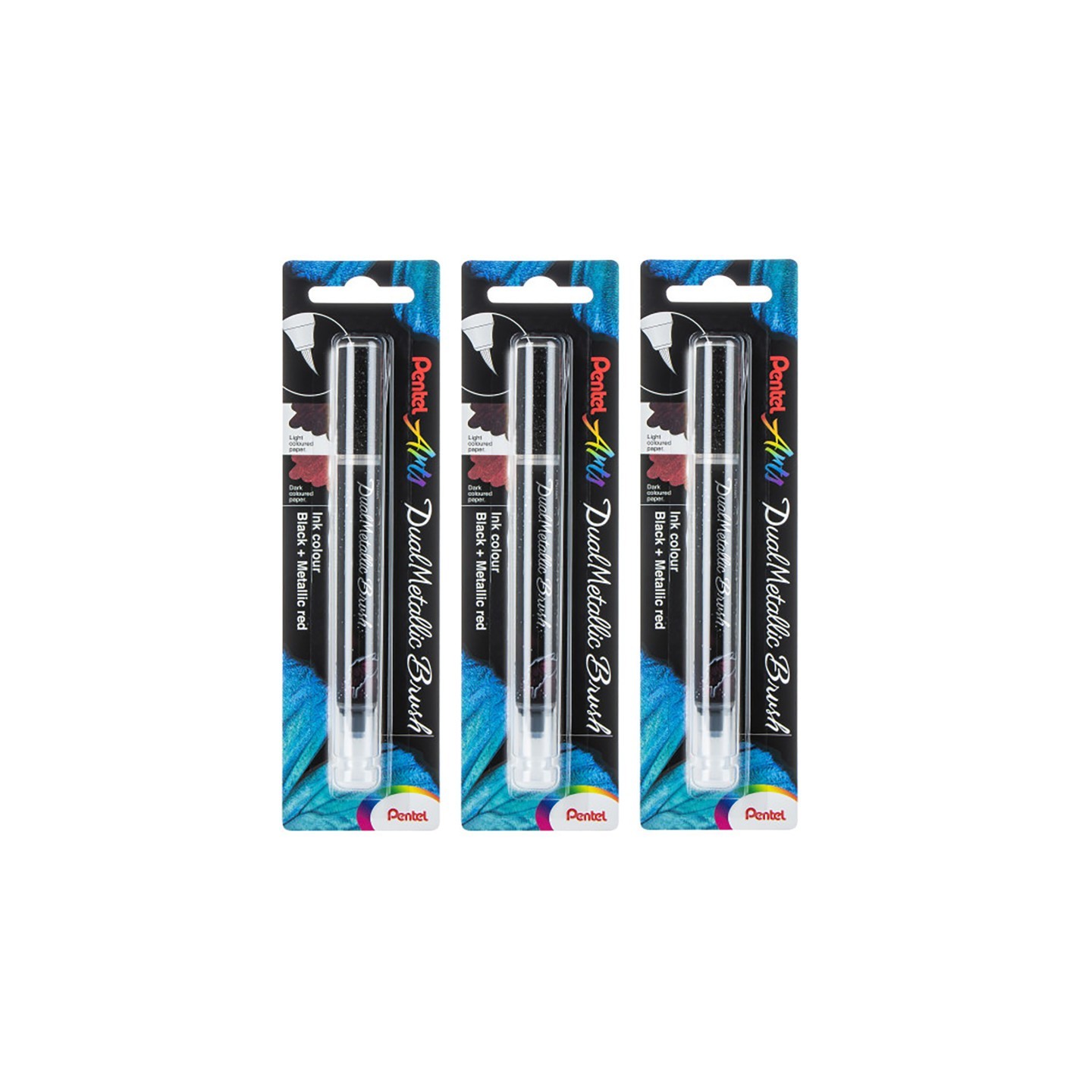 Pentel Arts DualMetallic Brush, Black/Metallic Red Ink, Pack of 3