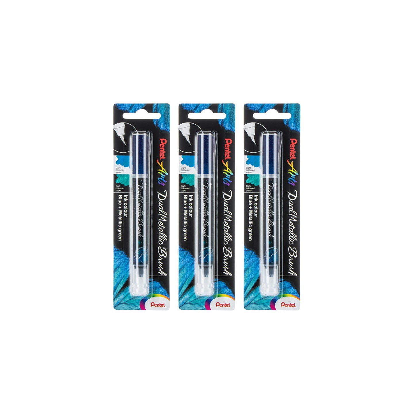 Pentel Arts DualMetallic Brush, Blue/Metallic Green Ink, Pack of 3