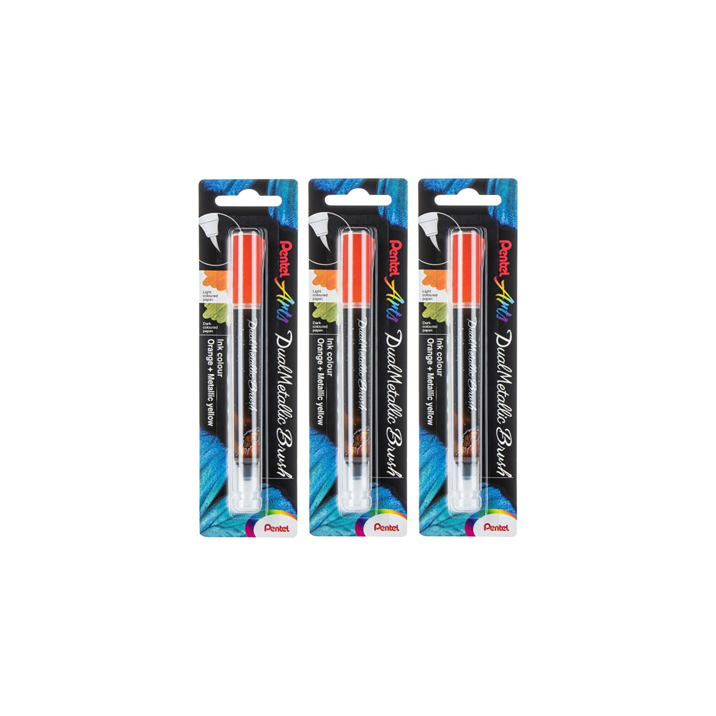 Pentel Arts DualMetallic Brush, Orange/Metallic Yellow Ink, Pack of 3