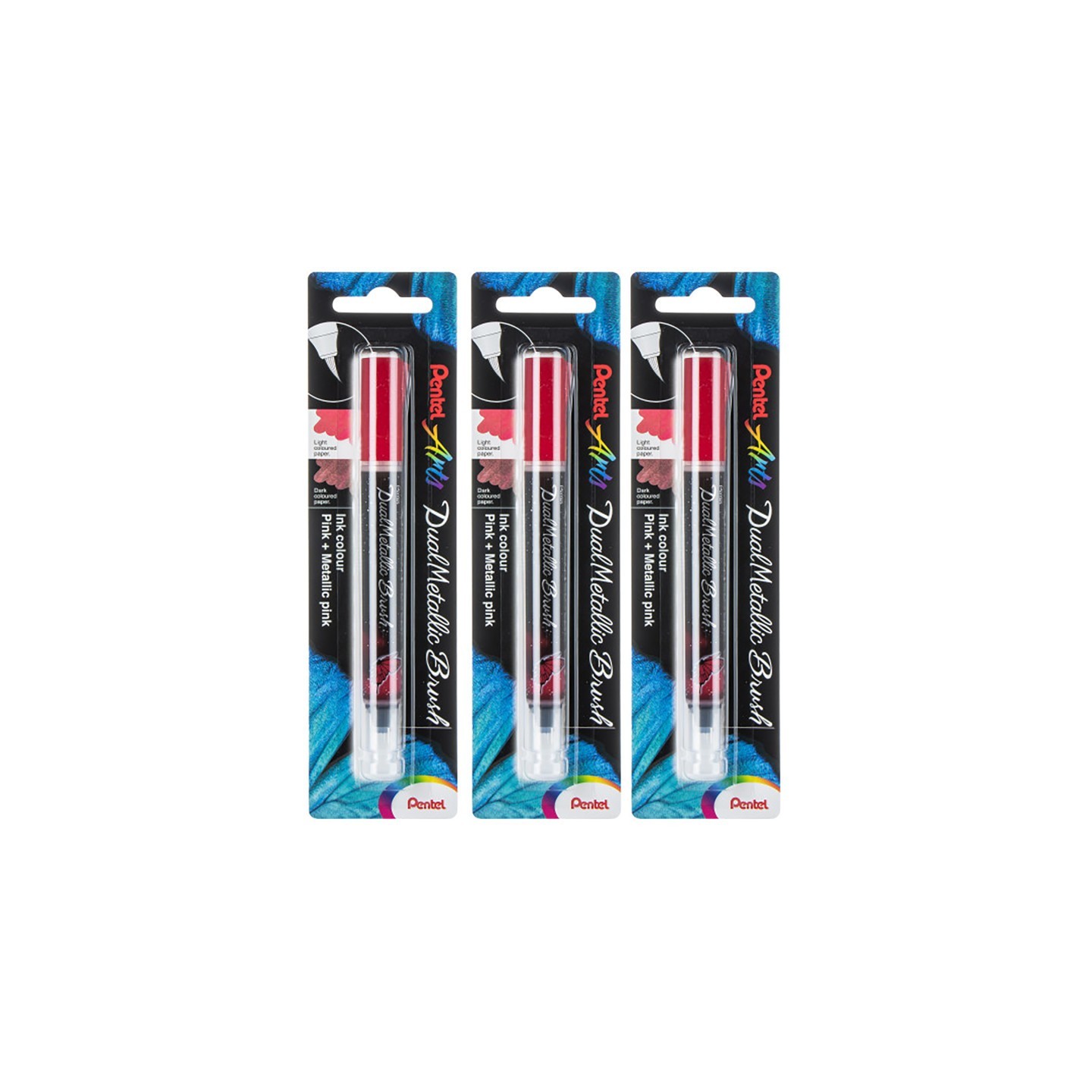 Pentel Arts DualMetallic Brush, Pink/Metallic Pink Ink, Pack of 3