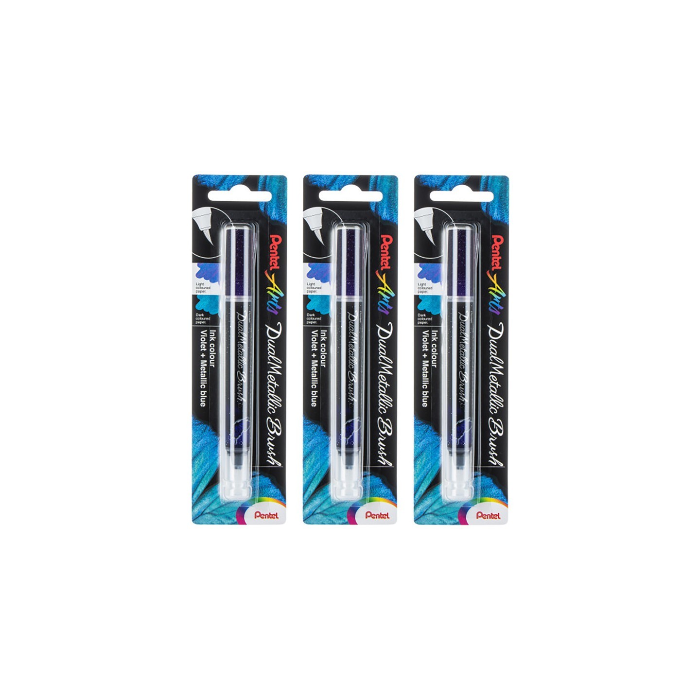 Pentel Arts DualMetallic Brush, Violet/Metallic Blue Ink, Pack of 3