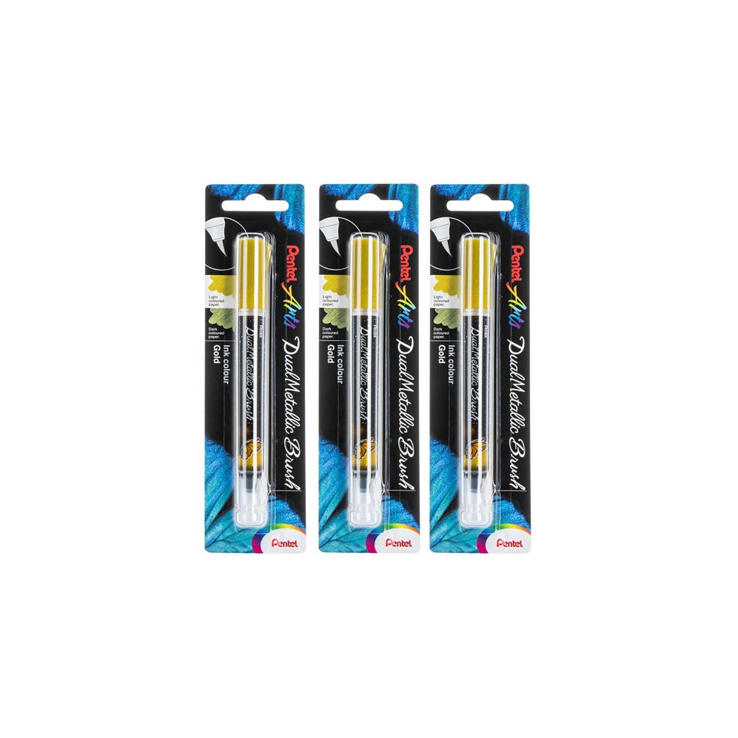 Pentel Arts DualMetallic Brush, Gold Ink, Pack of 3