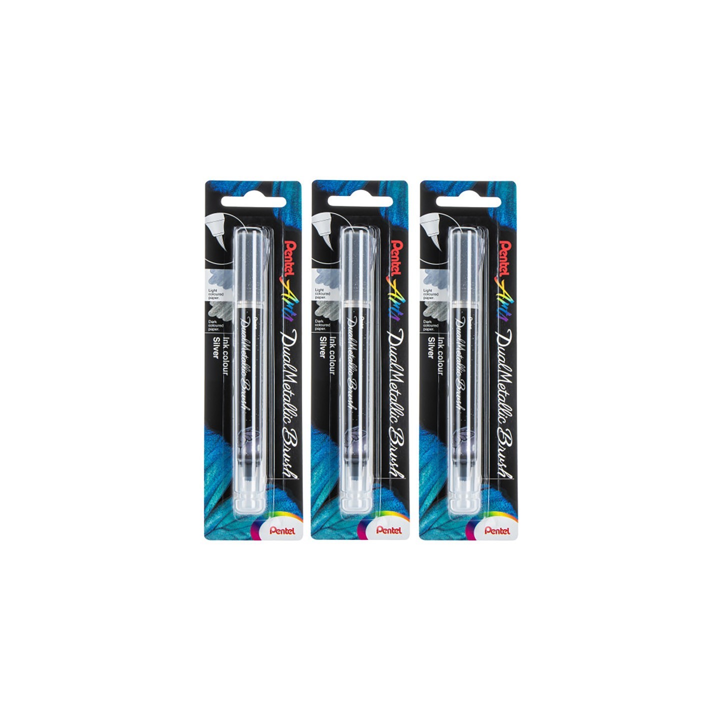 Pentel Arts DualMetallic Brush, Silver Ink, Pack of 3