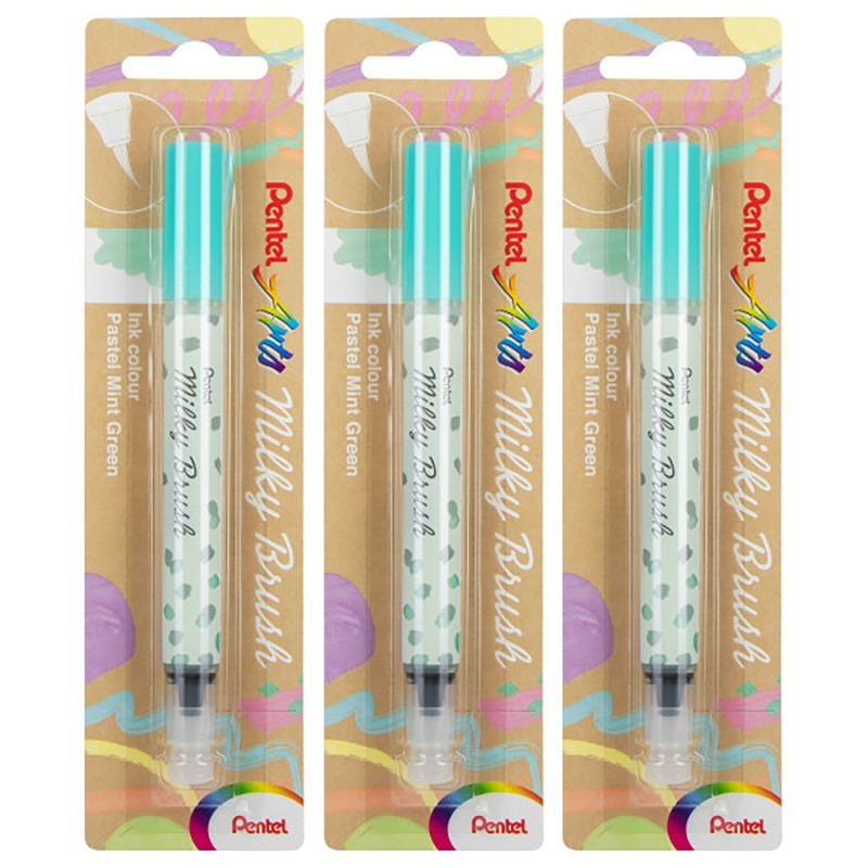 Pentel Arts Milky Brush Pen, Pastel Mint Green Ink, Pack of 3
