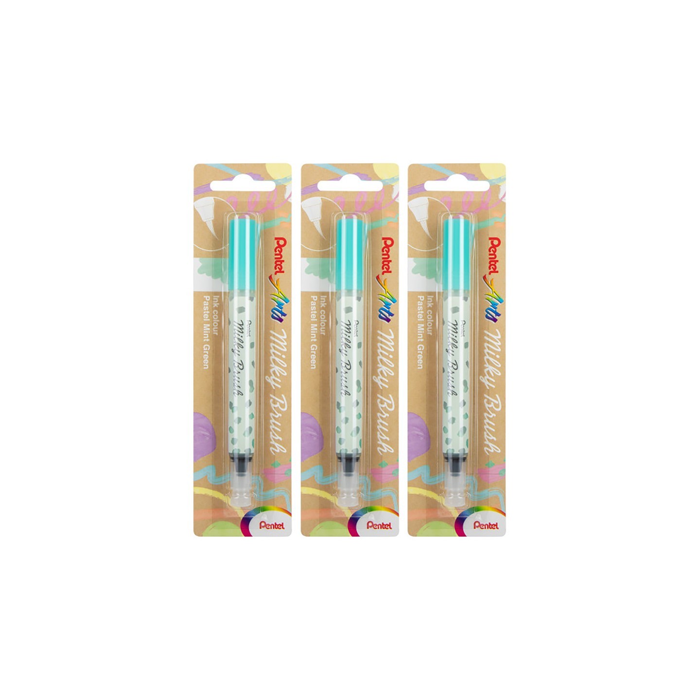 Pentel Arts Milky Brush Pen, Pastel Mint Green Ink, Pack of 3
