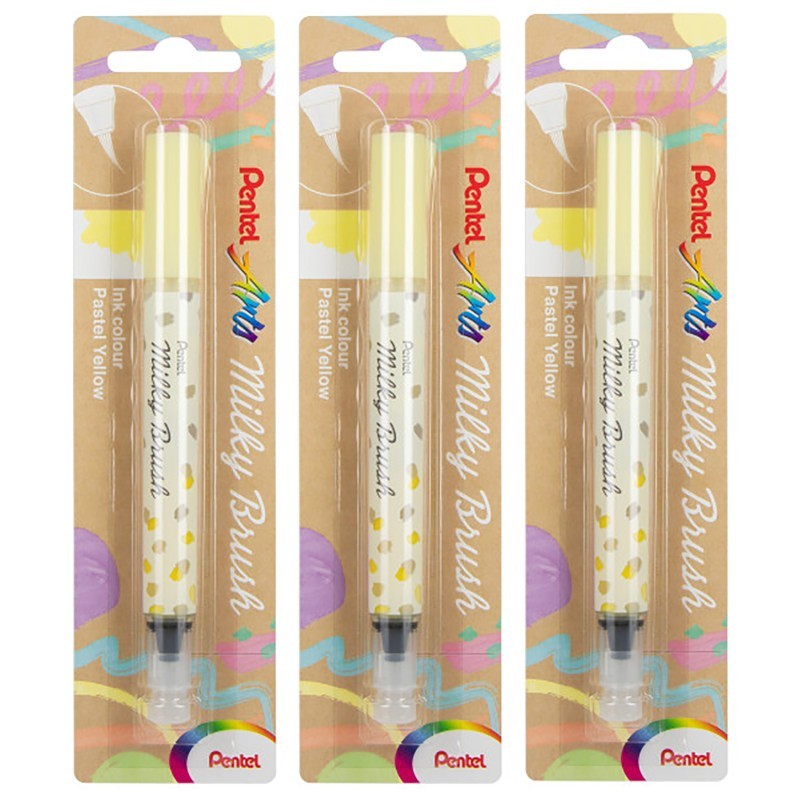 Pentel Arts Milky Brush Pen, Pastel Yellow Ink, Pack of 3