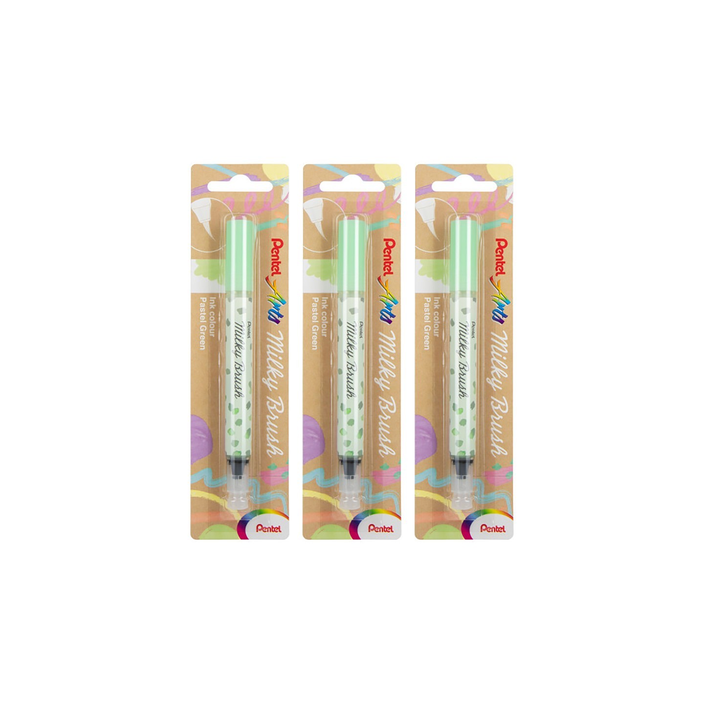 Pentel Arts Milky Brush Pen, Pastel Green Ink, Pack of 3