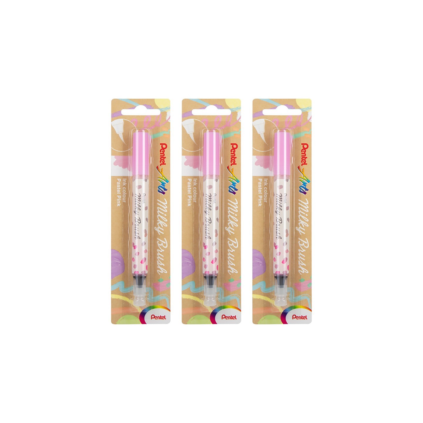 Pentel Arts Milky Brush Pen, Pastel Pink Ink, Pack of 3