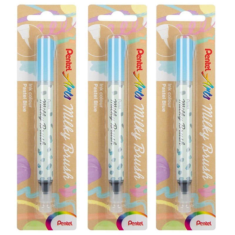 Pentel Arts Milky Brush Pen, Pastel Blue Ink, Pack of 3