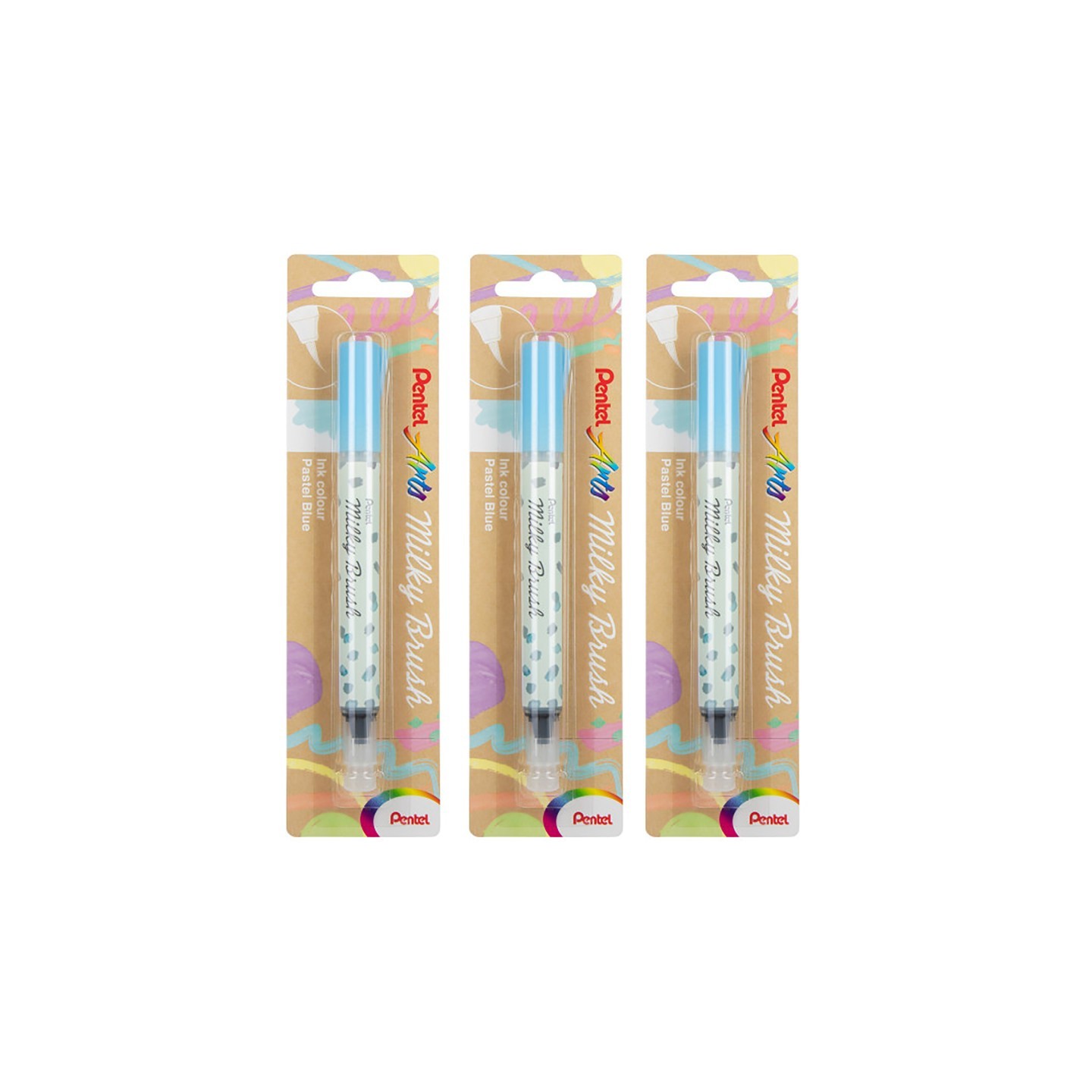 Pentel Arts Milky Brush Pen, Pastel Blue Ink, Pack of 3