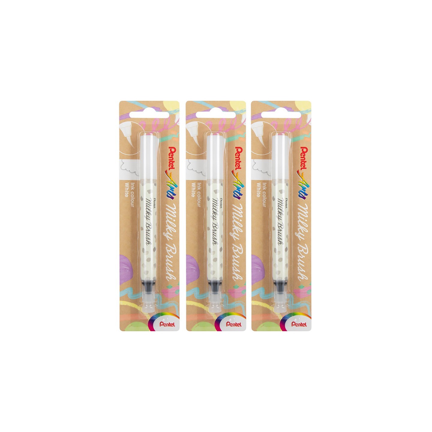 Pentel Arts Milky Brush Pen, White Ink, Pack of 3