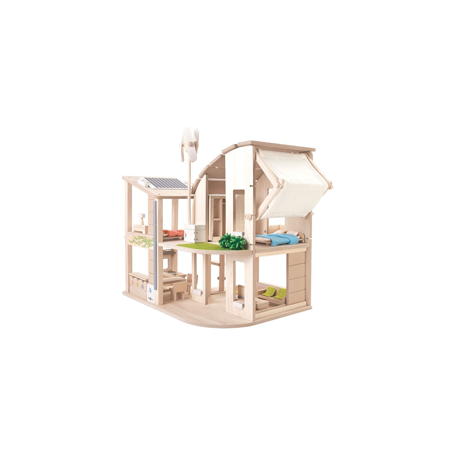 PlanToys Green Wooden Dollhouse With Furniture