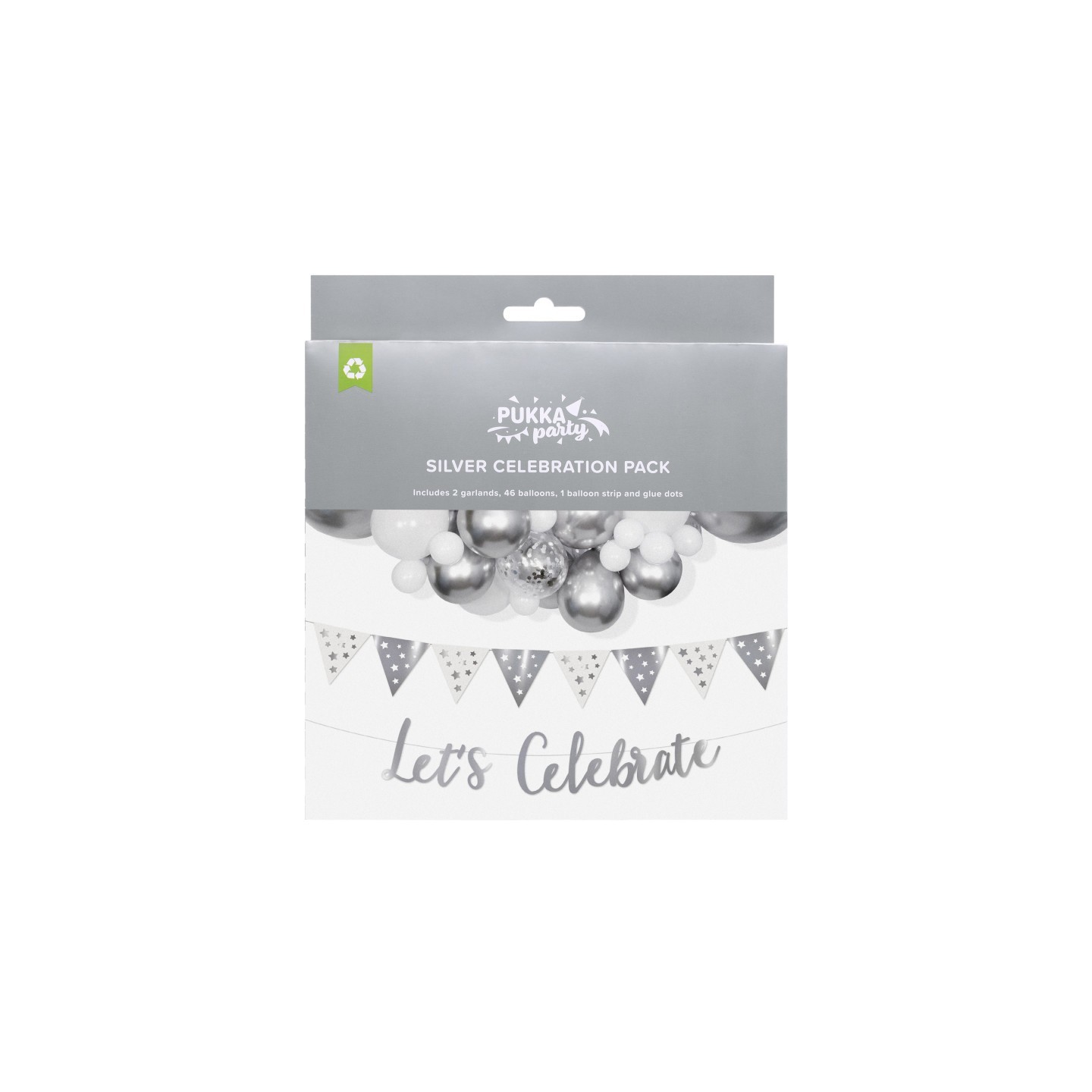 Pukka Party Silver Celebration Pack, Balloon Arch & Garland