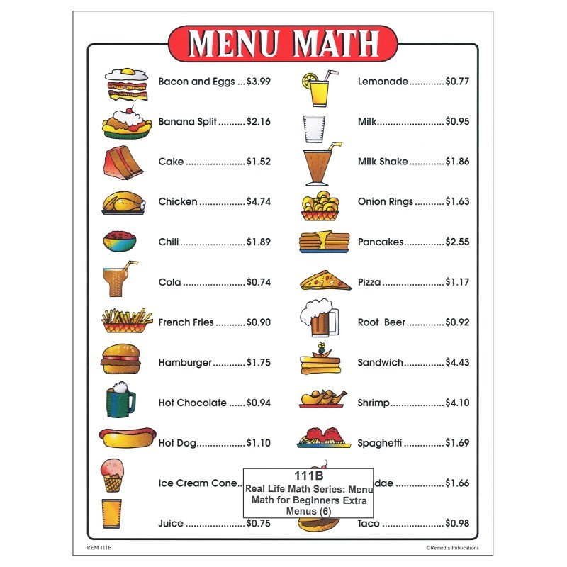 Remedia Publications Menu Math for Beginners, 6 Extra Price Lists