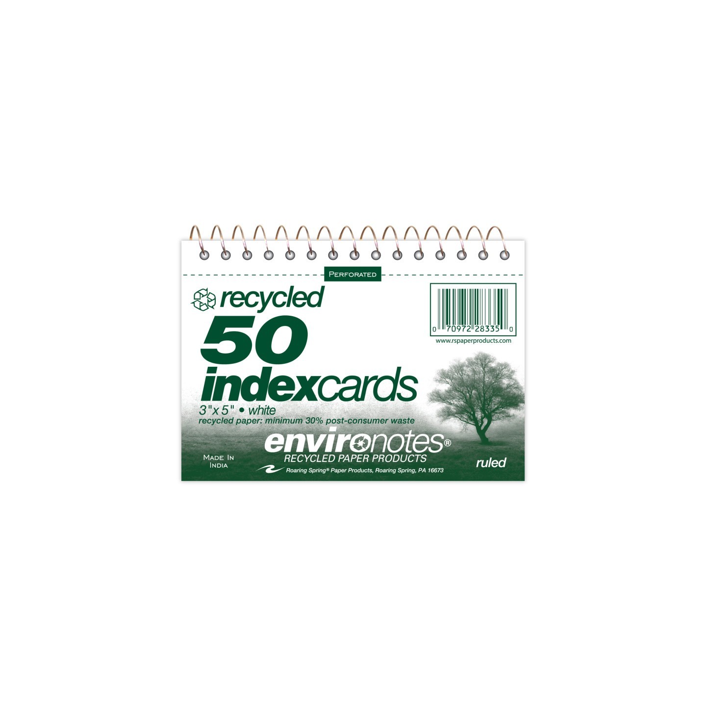 Roaring Spring Paper Products WireboundIndex Cards, 3" x 5", Ruled & Recycled, 50 Cards