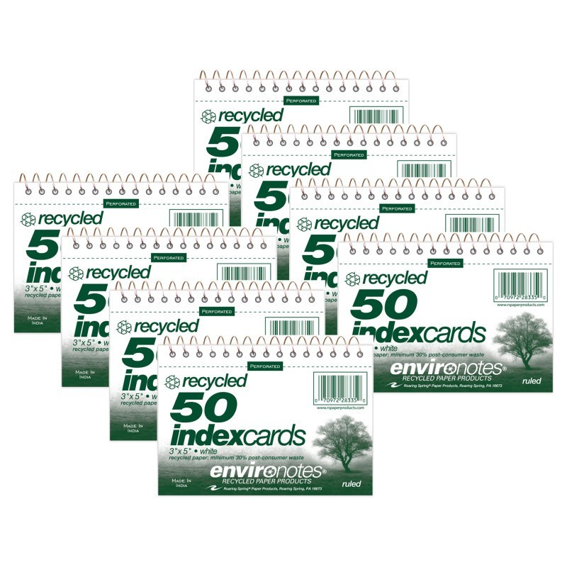 Roaring Spring Paper Products Wirebound Index Cards, 3" x 5", Ruled & Recycled, 50 Cards, Pack of 8