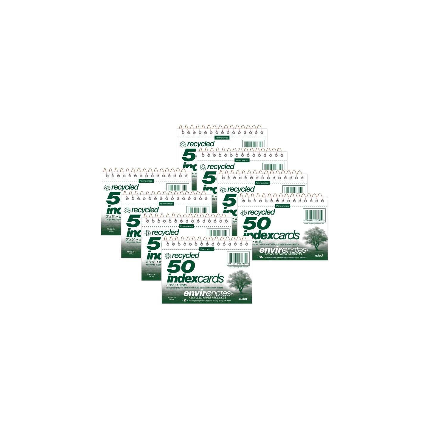 Roaring Spring Paper Products Wirebound Index Cards, 3" x 5", Ruled & Recycled, 50 Cards, Pack of 8