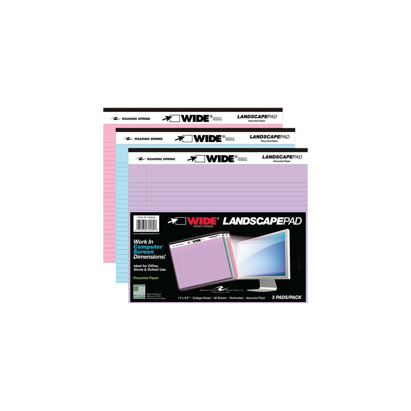 Roaring Spring Paper Products Legal Pad, Landscape, Assorted 3-Pack (Orchid, Blue, Pink)