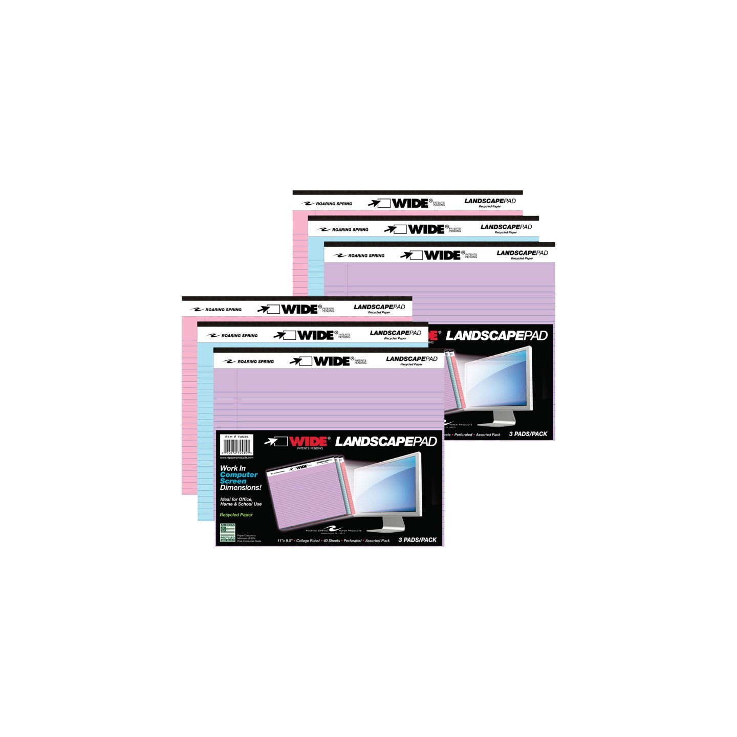 Roaring Spring Paper Products Legal Pad, Landscape, Orchid/Blue/Pink, 3 Per Pack, 2 Packs