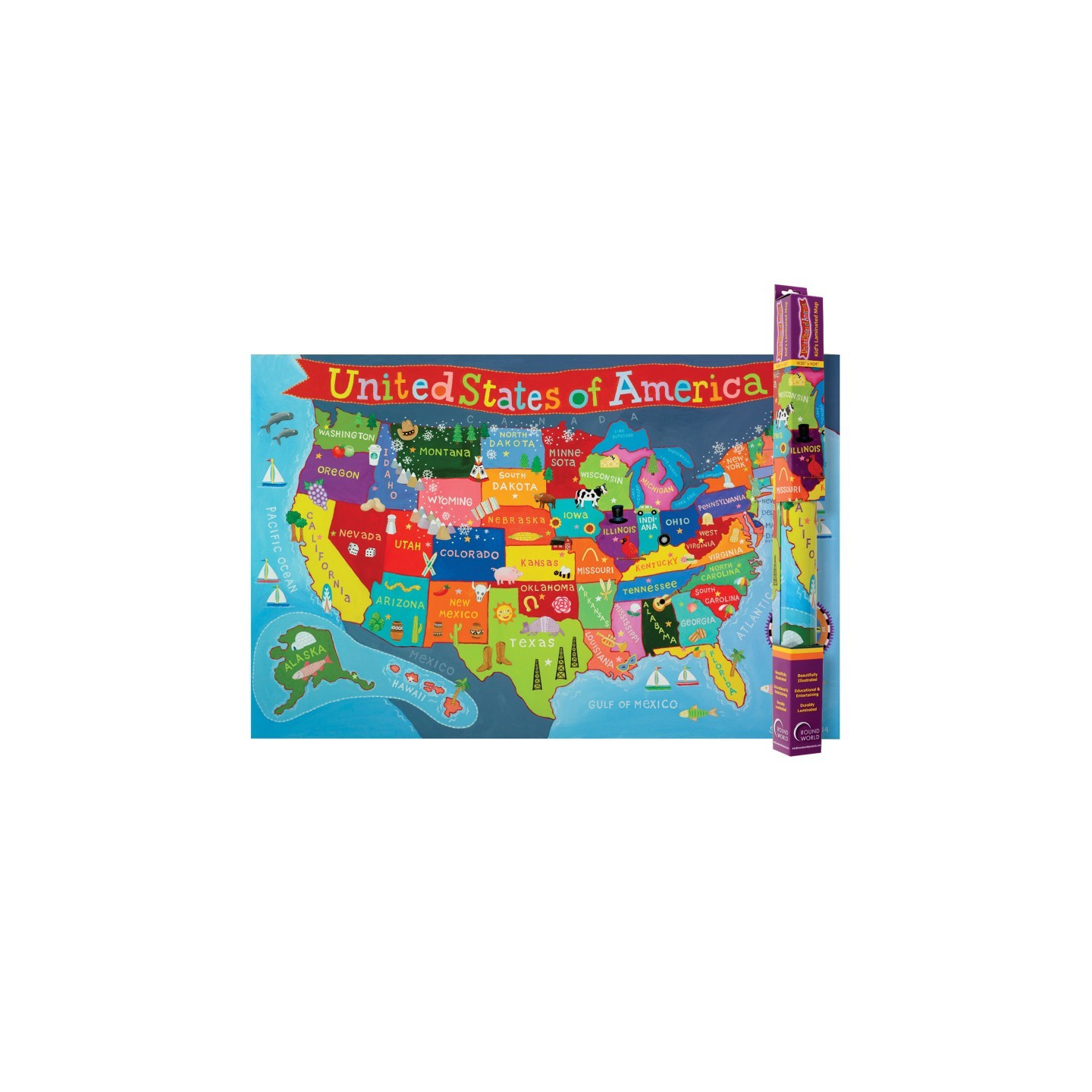 Round World Products Kid's Map, United States, 24" x 36"