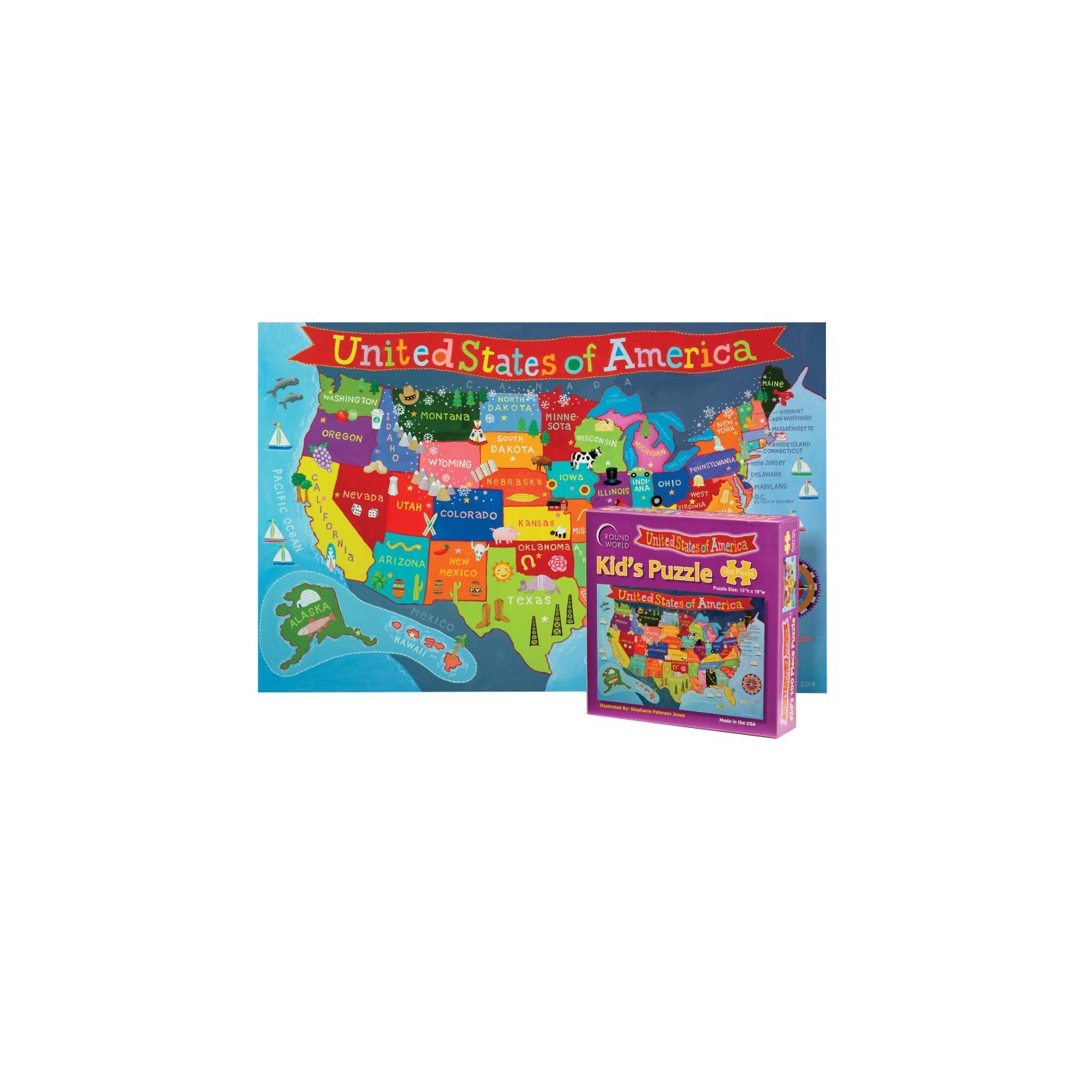 Round World Products Kid's Jigsaw Puzzle, United States, 13" x 19", 100 Pieces