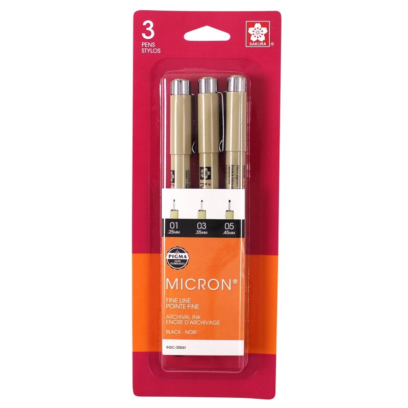 Sakura Pigma Micron Pens, Black, Assorted Sizes, 3-Piece Set, Blister Card
