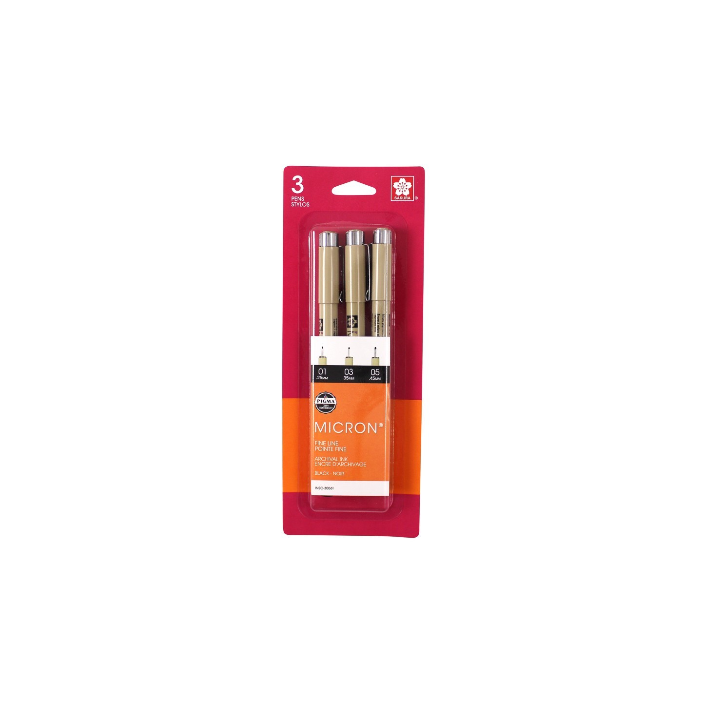 Sakura Pigma Micron Pens, Black, Assorted Sizes, 3-Piece Set, Blister Card