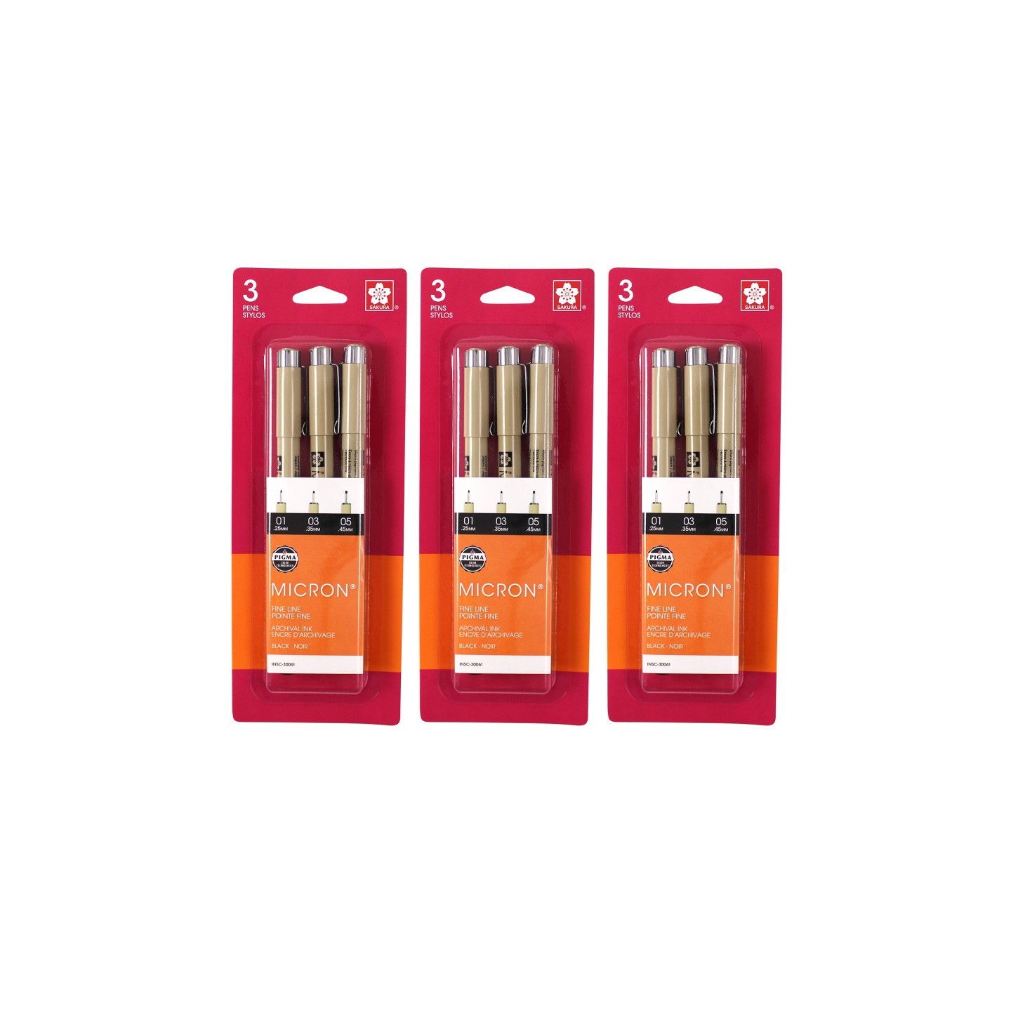 Sakura Pigma Micron Pens, Black, Assorted Sizes, 3 Per Pack, 3 Packs