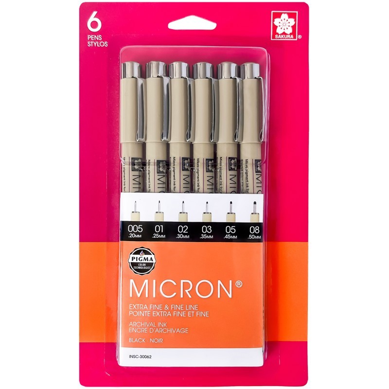 Sakura Pigma Micron Pens, Black, Assorted Sizes, 6-Piece Set, Blister Card