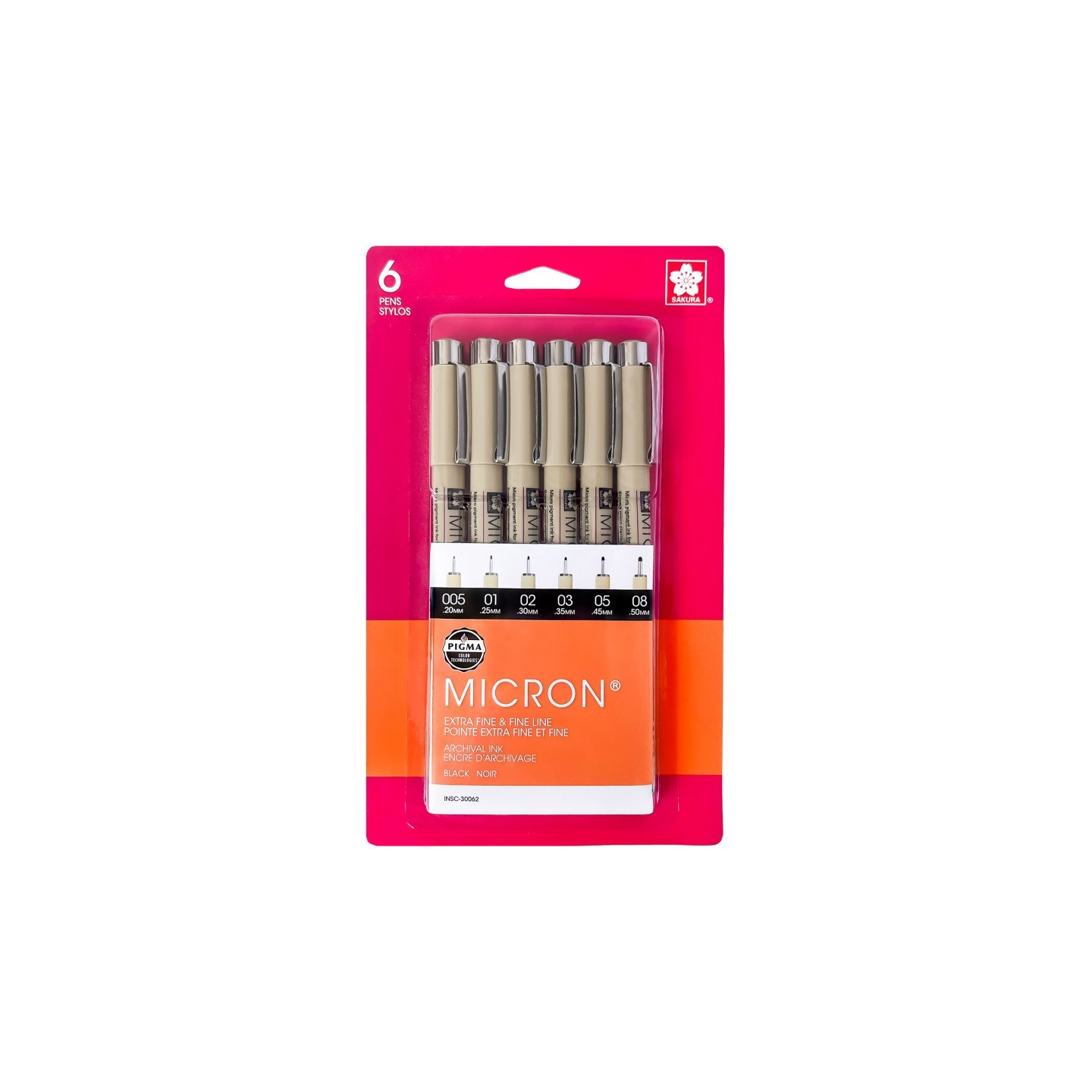 Sakura Pigma Micron Pens, Black, Assorted Sizes, 6-Piece Set, Blister Card