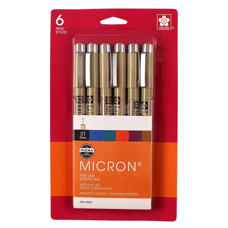 Sakura Pigma Micron Pens, Size 01, Assorted Colors, 6-Piece Set, Blister Card