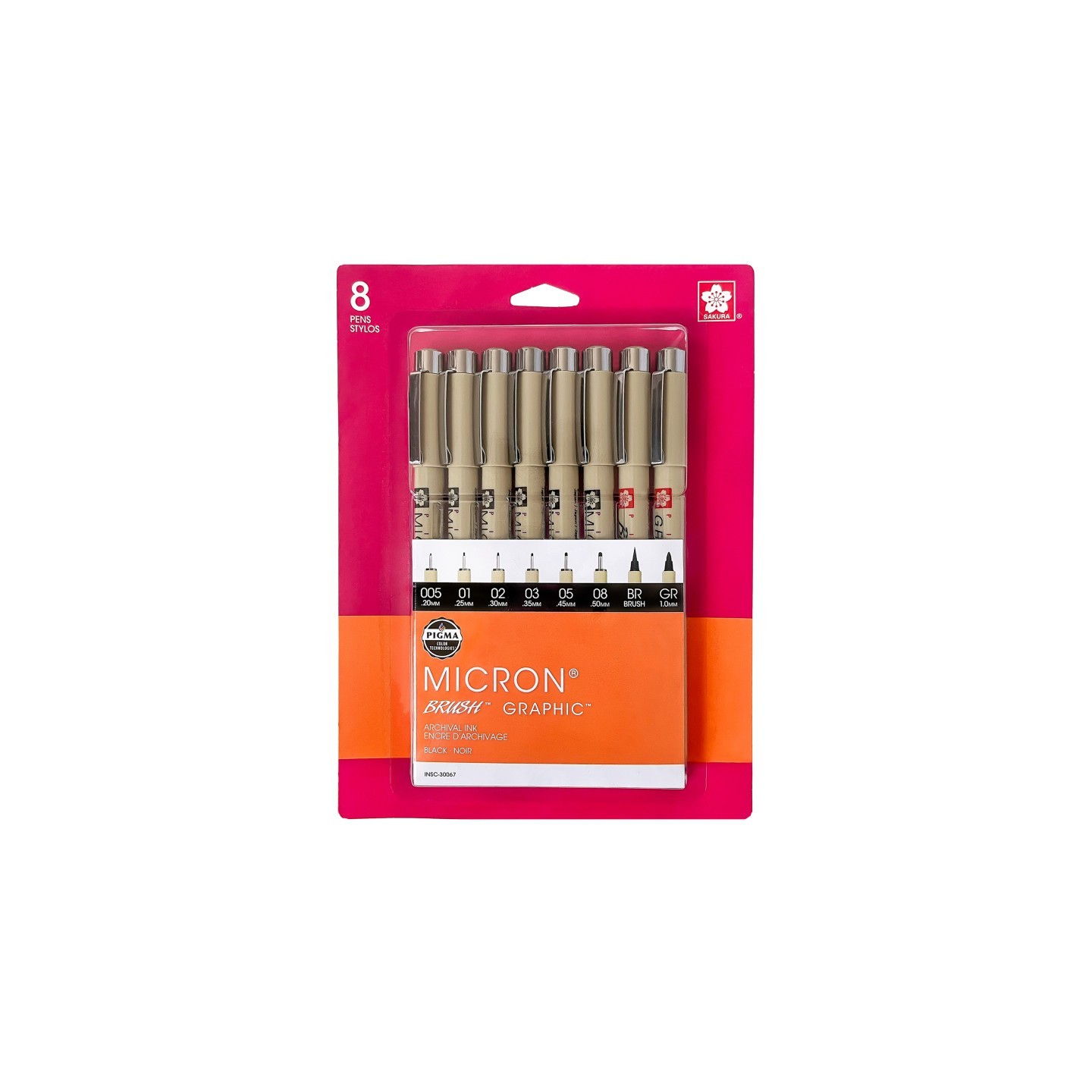 Sakura Pigma Micron Pens, Black, Assorted Sizes, 8-Piece Set, Blister Card