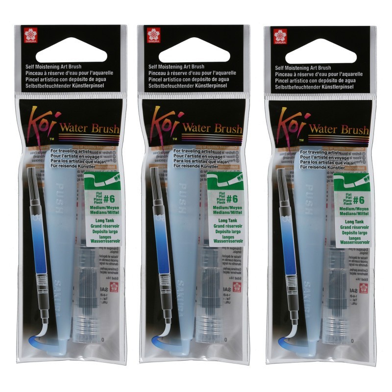 Sakura Koi Water Brush, 9mL Tank, Flat, Medium, Pack of 3
