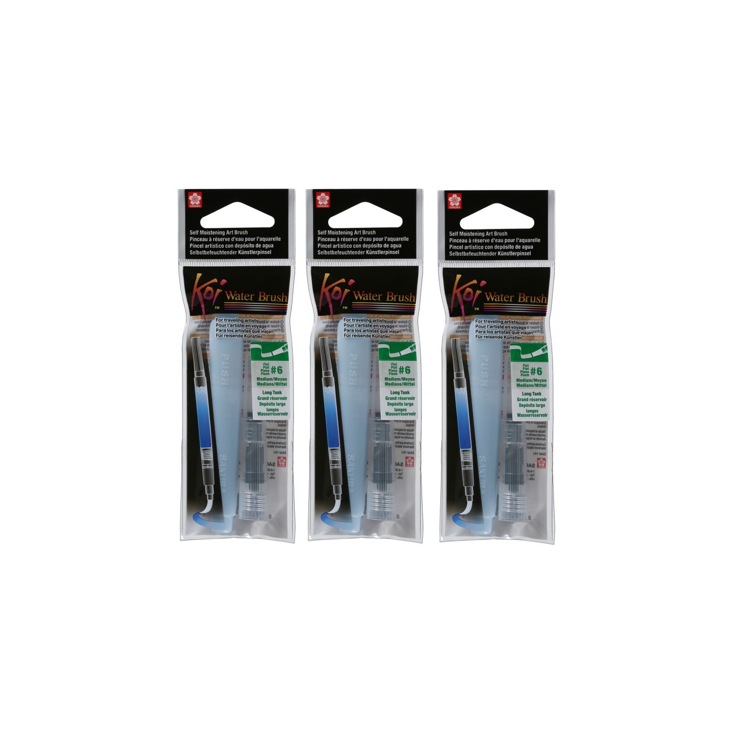 Sakura Koi Water Brush, 9mL Tank, Flat, Medium, Pack of 3