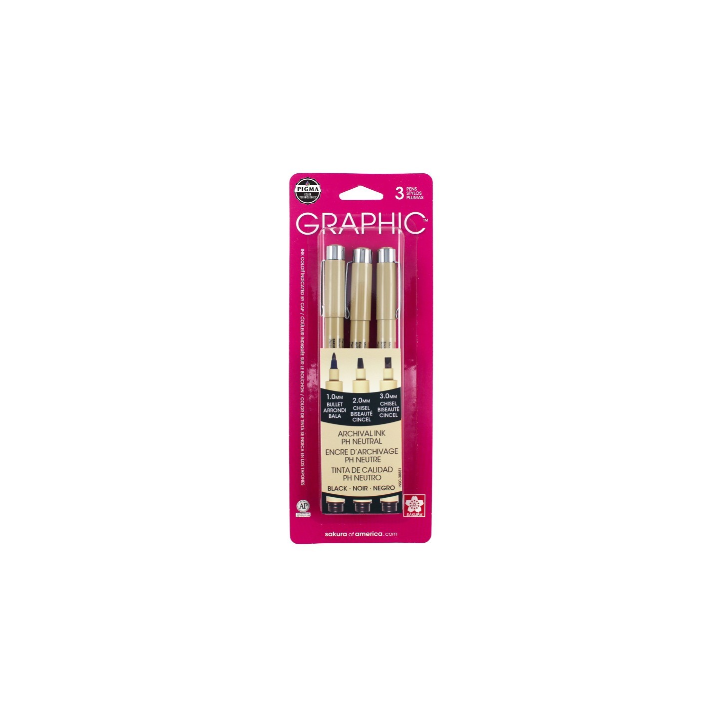 Sakura Pigma Graphic Pens, Black, Assorted Tips, 3-Piece Set, Blister Card
