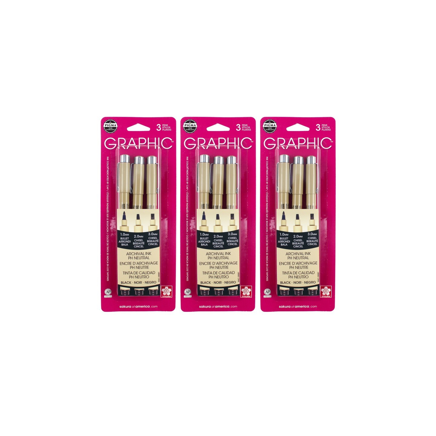 Sakura Pigma Graphic Pens, Black, Assorted Tips, 3 Per Pack, 3 Packs