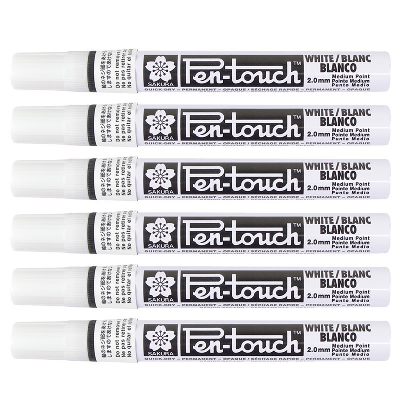 Sakura Pen-Touch Markers, 2.0mm Medium, White, Pack of 6