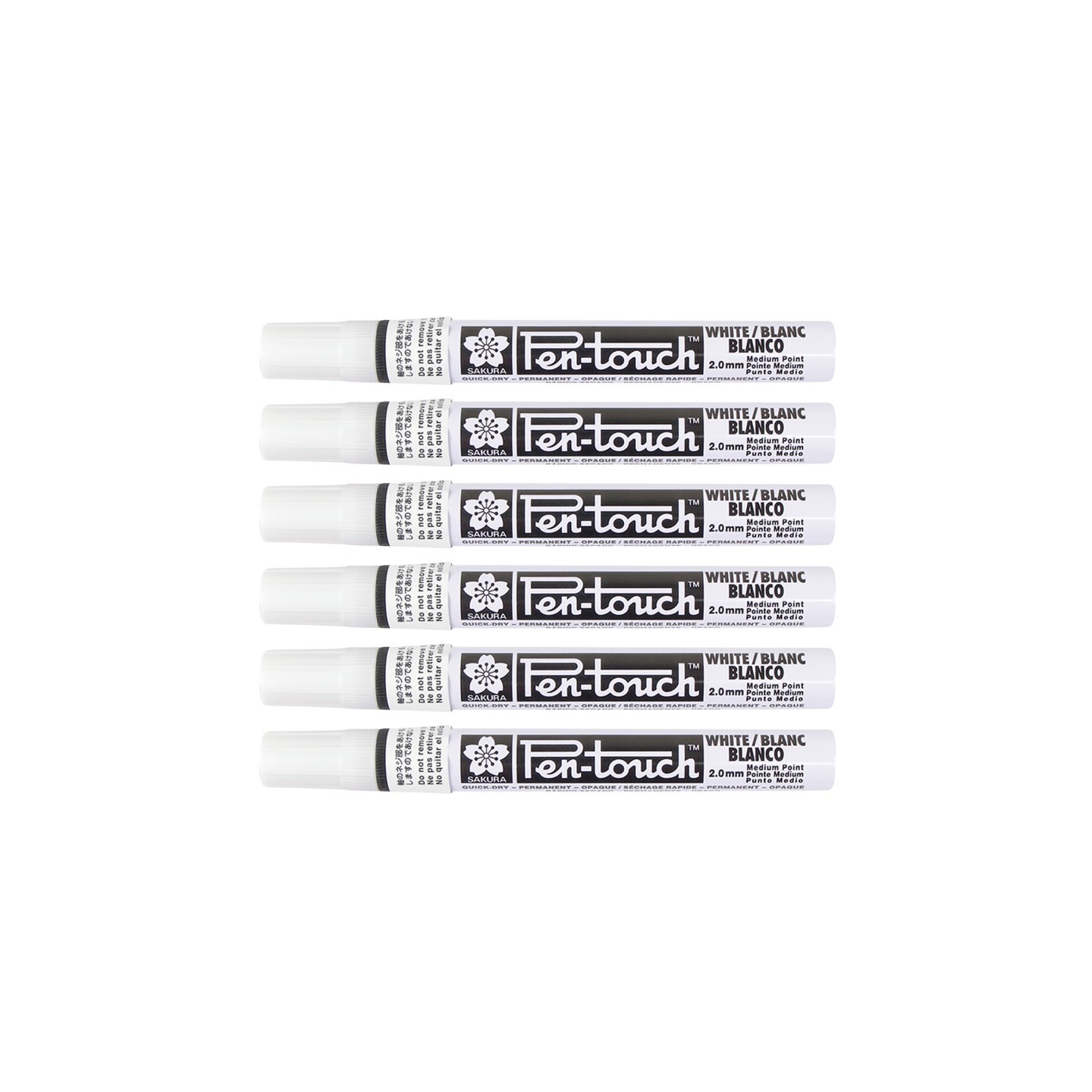Sakura Pen-Touch Markers, 2.0mm Medium, White, Pack of 6