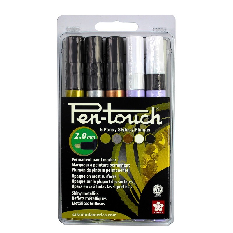 Sakura Pen-Touch Markers, 2.0mm Medium, Assorted Colors, 5-Piece Set, Clamshell Pack
