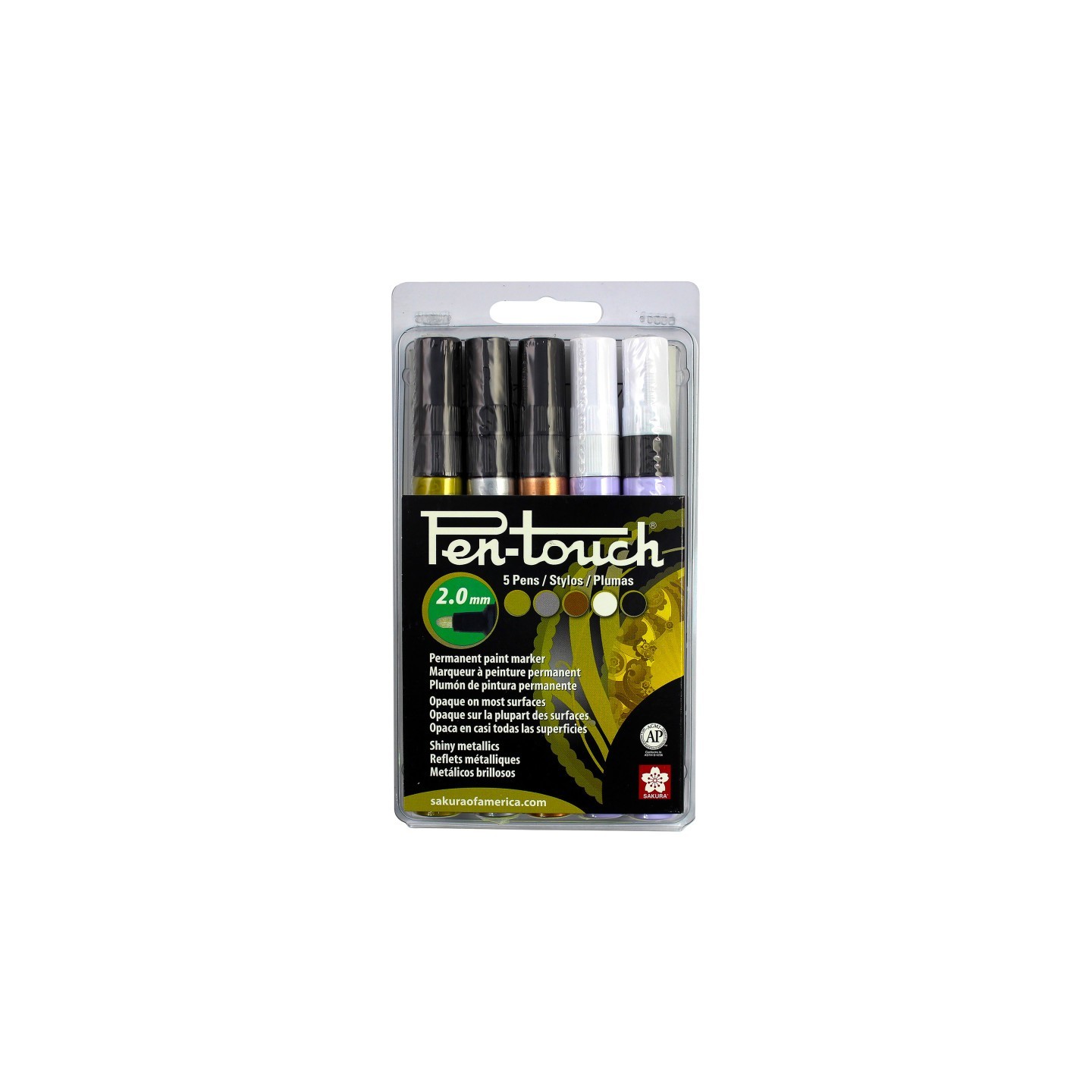 Sakura Pen-Touch Markers, 2.0mm Medium, Assorted Colors, 5-Piece Set, Clamshell Pack