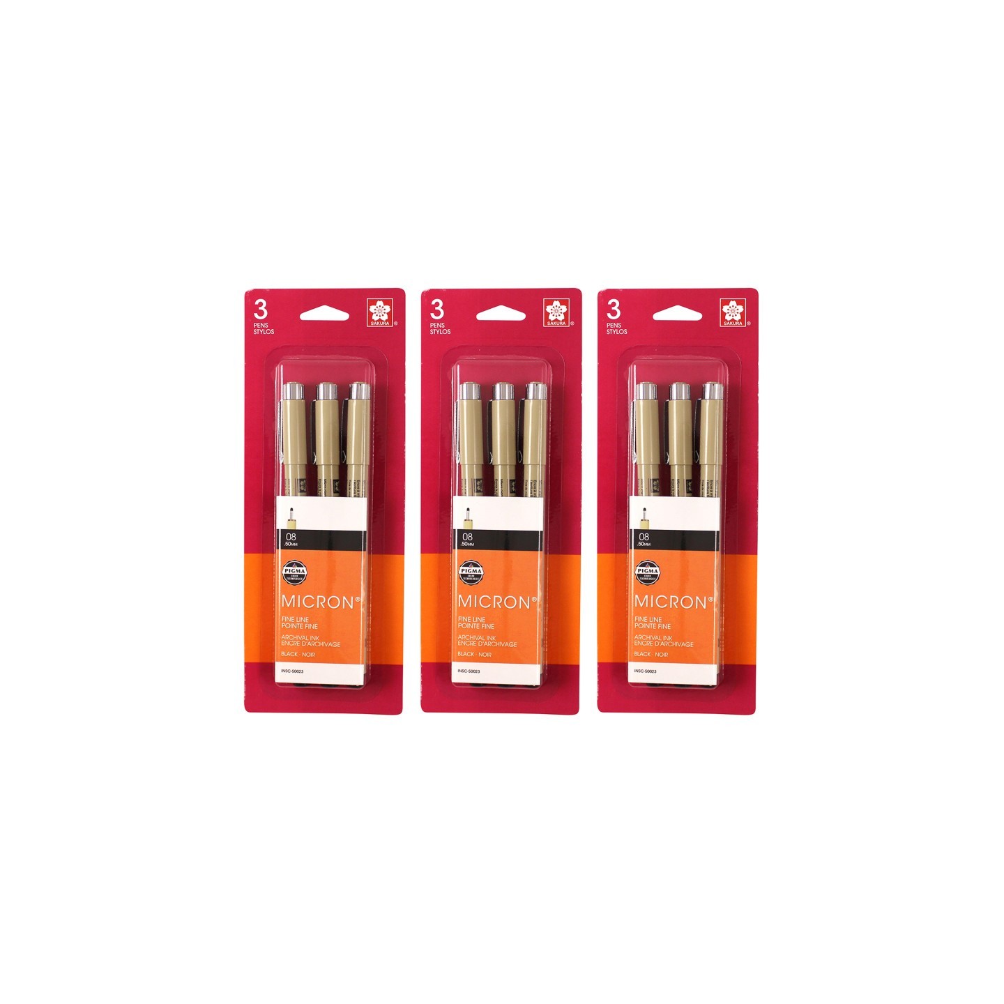 Sakura Pigma Micron Pens, Size 08 Fine Point, Black, 3 Per Set, 3 Sets