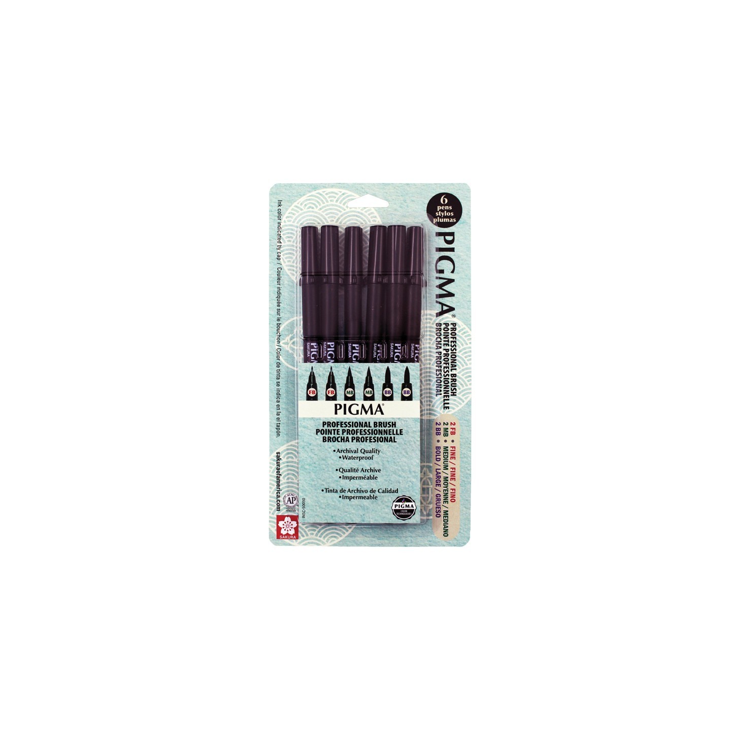 Sakura Pigma Professional Brush Pen, Assorted Sizes, 6-Pack