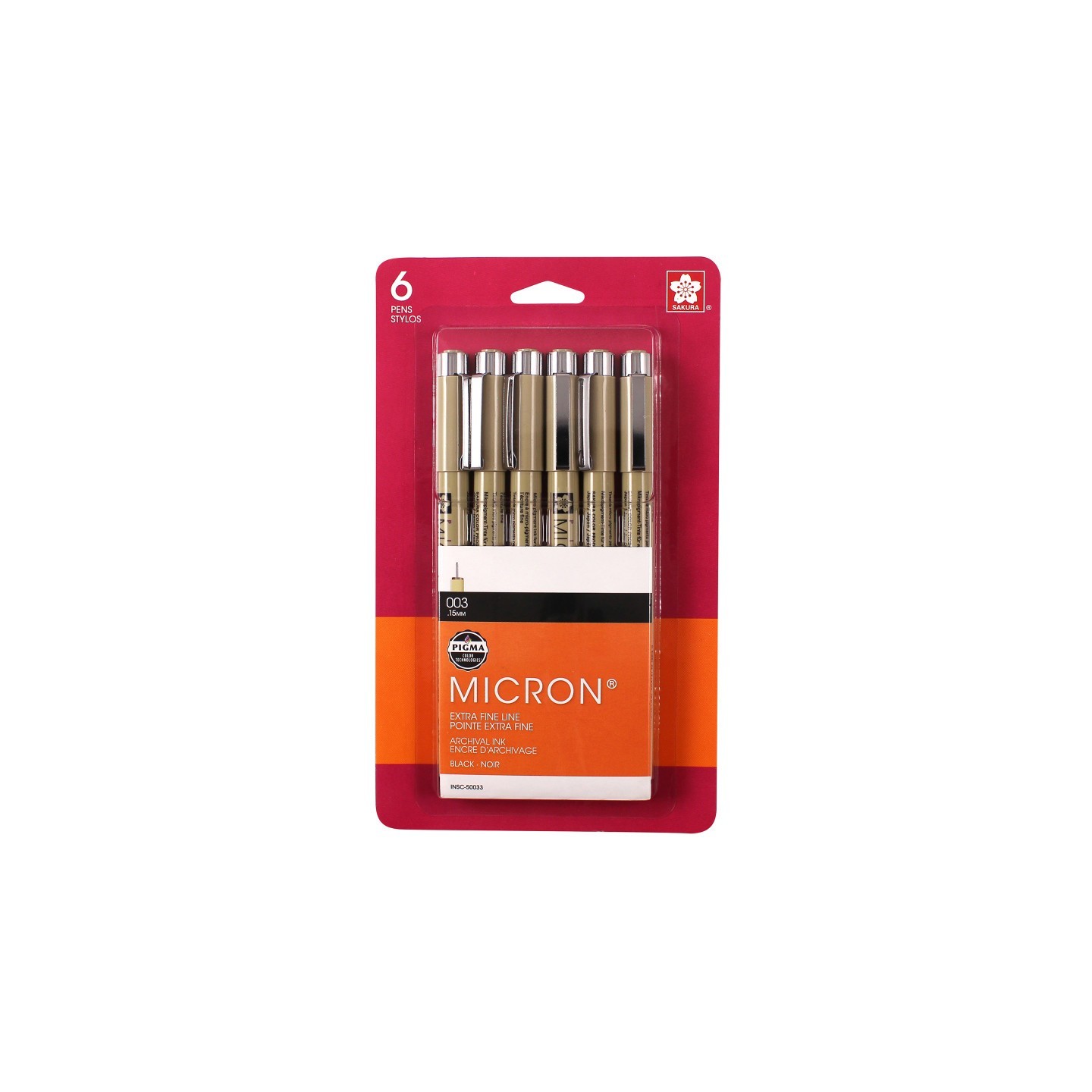 Sakura Pigma Micron Pens, Black, Size 003, 6-Pack, Blister Card